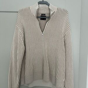 Abercrombie & Fitch Cream and Brown Striped Quarterzip Sweater